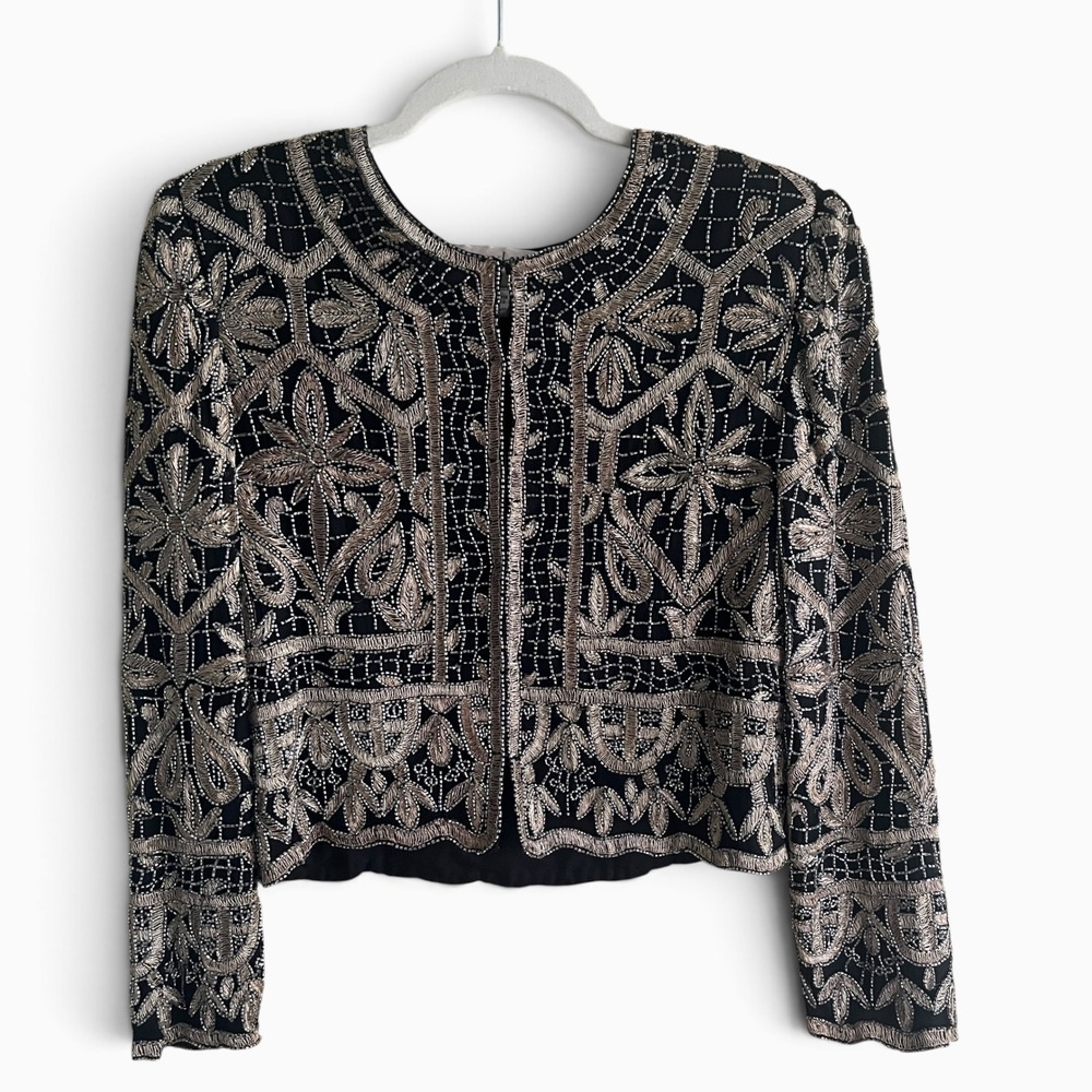 Vintage Laurence Kazar Jacket Beaded Silk Black Cropped Boxy Glam 90s Opulent